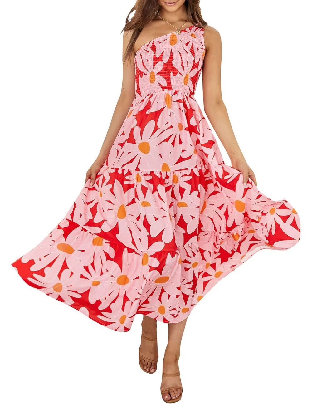 Zesica One-Shoulder Red Floral Smocked Midi Dress